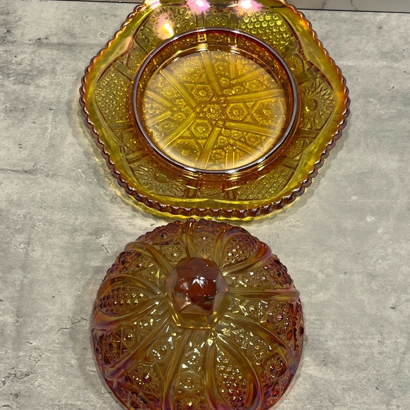 Indiana Glass Co. Iridescent Sunset Carnival Glass Round Butter Dish orange - Picture 4 of 14